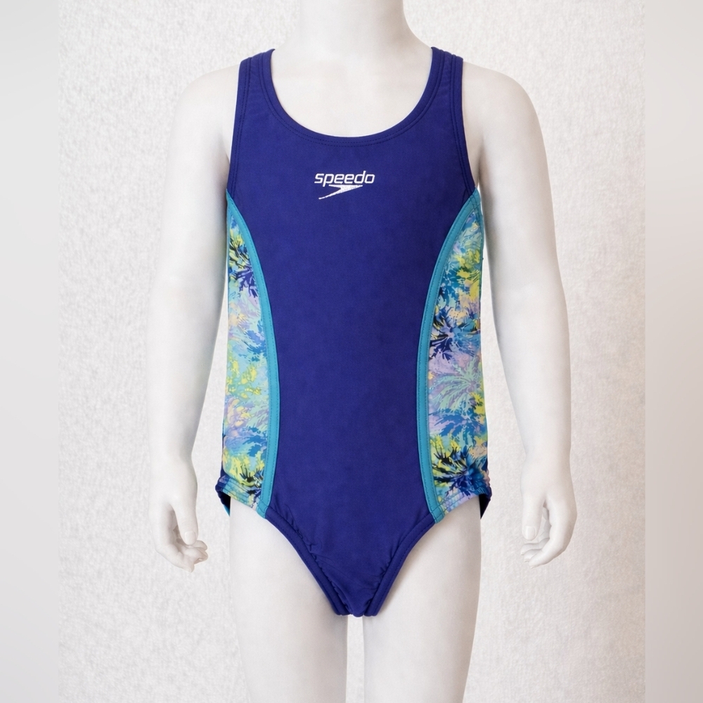 🌊 Speedo Girls One-Piece Swimsuit – Size 5 – Blue Tropical – Athletic Fit